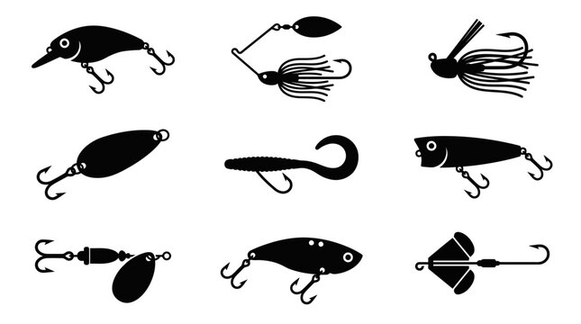 Set of various fishing lure and bait silhouettes.