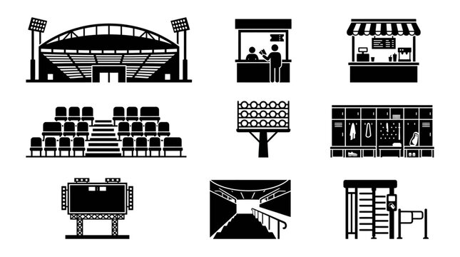 Stadium facilities and sports arena venue icons set.