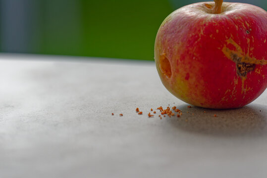 Red apple with visible bite and crumbs on gray surface with green background