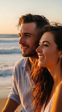 Young Caucasian Couple Smiling Together on Beach at Sunset Romantic Vacation Concept Happy Man and Woman Enjoying Golden Hour Ocean View