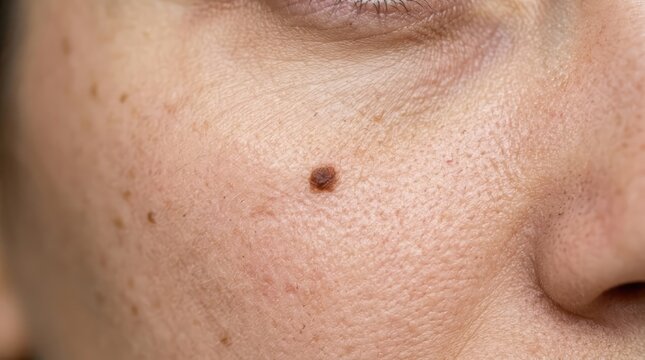 A close-up macro shot of a human face showing a brown mole on the cheek. The skin texture is visible, with fine lines and smaller freckles scattered around.