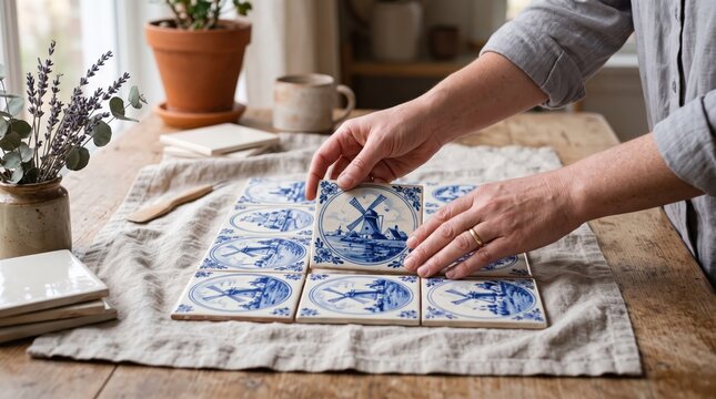 Hands arranging Delft blue tiles with windmill motif on a rustic table