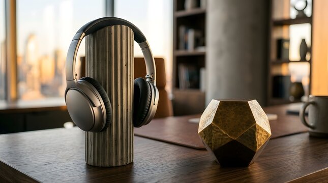 Headphones and paperweight on desk modern new beautiful creative professional high quality