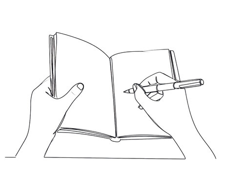 continuous line drawing of two hands holding an open workbook &mdash; left hand steadying t 1
