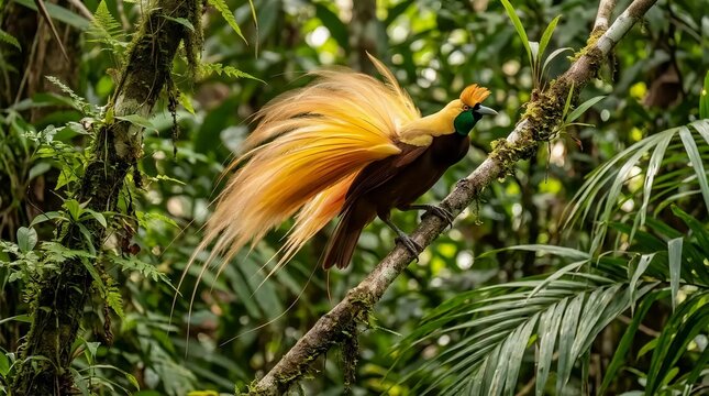 Beautiful Male Greater Bird of Paradise Perched on a Tree Branch in Dense Rainforest Jungle