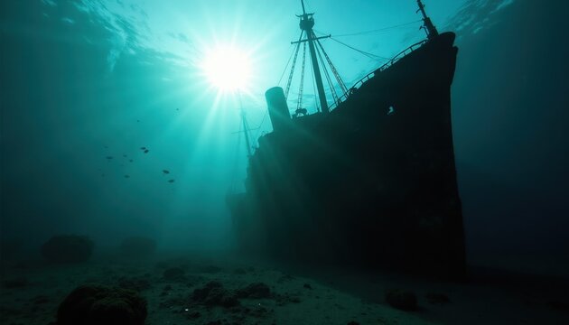Deep underwater view of a large shipwreck silhouette. Sun rays pierce the dark turquoise ocean, illuminating faint fish swimming near the sea floor.