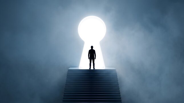 A silhouette of a person standing on stairs, facing a bright, glowing keyhole-shaped opening in a foggy, mystical atmosphere. This imagery evokes themes of opportunity, discovery, and the unknown