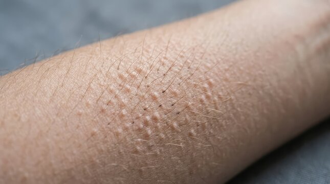 Close-up of a person's arm showing a rash with small bumps and redness. The texture of the skin is visible, highlighting the irritated area