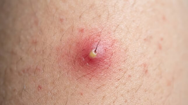 Extreme close-up of a pimple with a white head, showing inflammation and skin texture. This image may be disturbing for some viewers
