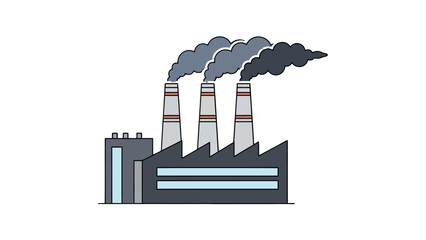 Obraz premium Illustration of a factory with three smokestacks emitting dark smoke against a white background, symbolizing industrial pollution and environmental impact.