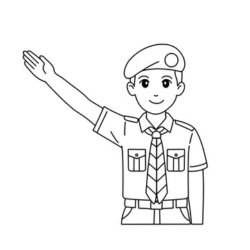 Hand drawn cute boy scout raising right arm diagonal semaphore signal icon doodle vector indonesian pramuka simple line outline graphic