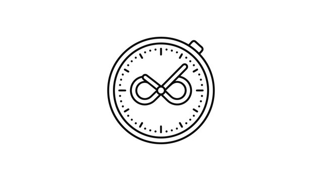 Minimalist outline icon of a clock with an infinity symbol.