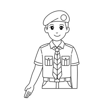 Hand drawn cute boy scout extending left arm down diagonal semaphore signal icon doodle vector indonesian pramuka simple line outline graphic