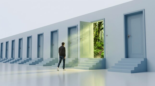 A man stands before a row of identical doors, one of which is open to reveal a lush, green forest. Sunlight streams through the open door, illuminating the path forward.