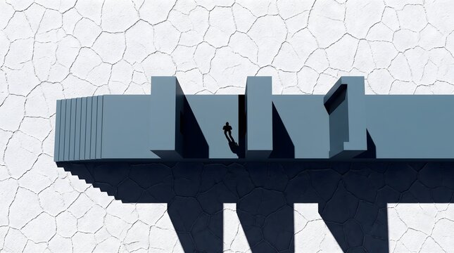 A lone figure stands on a modern architectural structure, casting a long shadow against a stark, cracked white background.