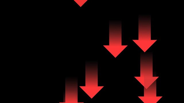Animated red down indicator arrows on transparent background. Red arrows icon moving downward animation on transparent background