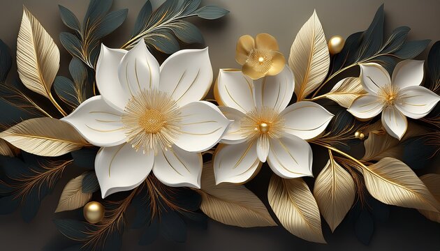 elegant white flowers with golden leaves luxury 3d floral background
