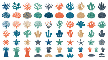 Underwater coral reef marine inhabitants, mollusk icons set. © Ojufa