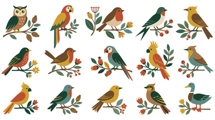 Fototapeta premium Set of various birds on branches, perched avians collection.