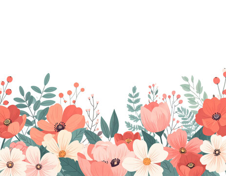 Horizontal seamless banner decorated with blooming flowers and leaves in soft pastel colors for website headers or backgrounds
