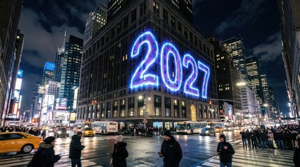 Obraz premium Glowing 2027 Neon Projection on Urban Building Facade at Night City Street Scene Representing Future Planning and New Year Celebration Concept