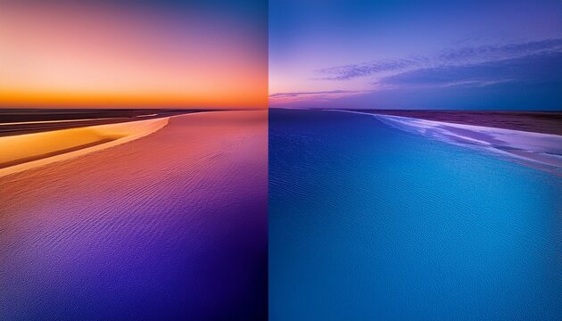 a vibrant abstract composition featuring a split view of cool blue tones transitioning into warm orange and purple hues creating a dynamic interplay of color and light