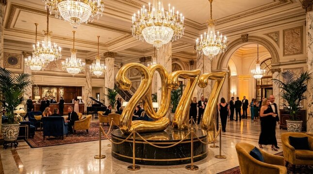Luxurious Hotel Lobby with Large Gold 2077 Sculpture for Futuristic New Year Celebration Event Concept with Elegant Guests in Formal Evening Attire