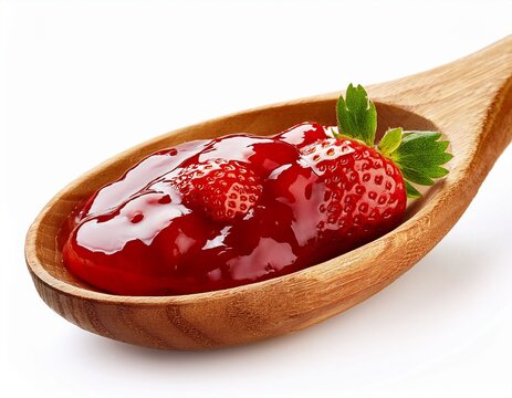 delicious strawberry jam in a wooden spoon isolated on white background