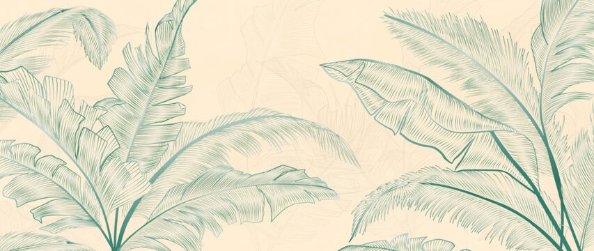 Luxury abstract art background with tropical palm leaves with golden hand drawn line elements. Botanical banner for decoration, wallpaper, print, interior, textile, poster, packaging