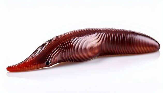 close up of a dark red leech isolated on a white background