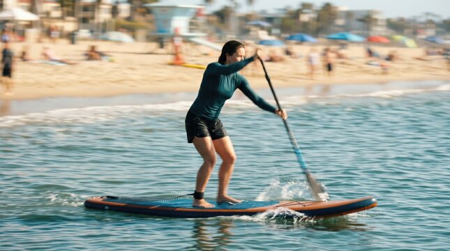 Active young woman paddleboarding on ocean water near sandy beach, stand up paddle board exercise for fitness and recreation, outdoor water sports lifestyle