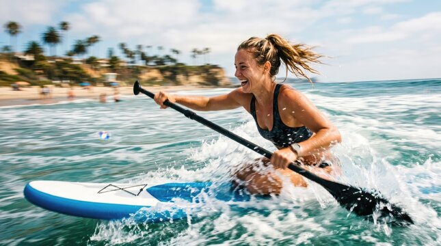 Young athletic woman paddleboarding on ocean waves, active lifestyle concept, summer water sports, fitness training, outdoor recreation, sunny beach vacation, healthy living