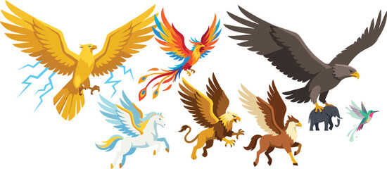 Obraz premium Mythical Flying Creatures and Legendary Winged Beasts Vector Set Featuring Thunderbird Phoenix Pegasus Griffin Hippogriff Roc and Hummingbird