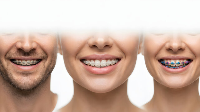 Three close-up smiles showing different types of orthodontic dental braces