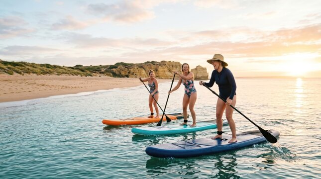 Three active young women stand up paddleboarding together on ocean water at sunrise near sandy beach and cliffs, enjoying outdoor fitness and summer vacation lifestyle
