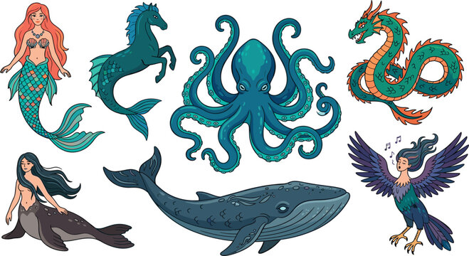 Mythical Sea Creatures and Legendary Ocean Monsters Vector Illustration Set Featuring Mermaid Hippocampus Kraken Sea Serpent Selkie Whale Siren