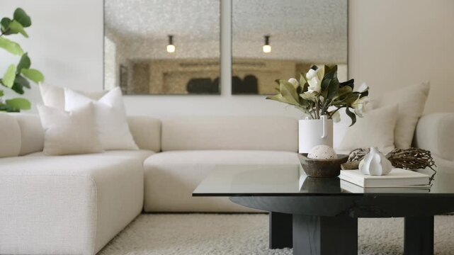 Living room feels cozy and clean with white sofa and soft pillows. Black table and green plant add fresh touch. Mirrors and warm tones make space look calm and bright