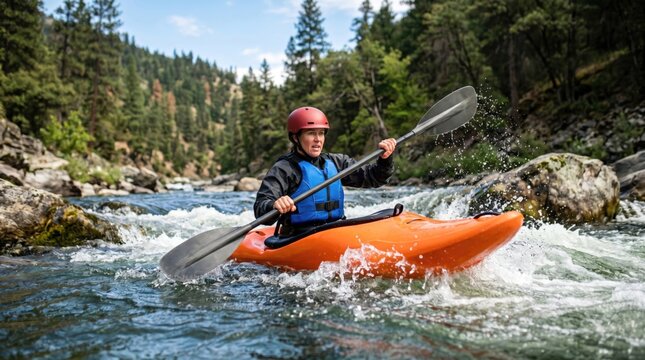 Active Caucasian woman kayaking in orange whitewater kayak on river rapids, adventurous female athlete enjoying extreme water sports in nature, summer outdoor recreation