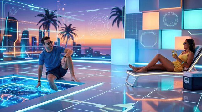 Young couple relaxing at futuristic rooftop pool with digital interface overlay, man and woman enjoying sunset in high tech smart city environment, concept of luxury lifestyle