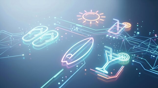 Digital Summer Vacation Concept with Neon Icons of Surfboard Flip Flops and Cocktails Connected by Data Network Lines for Travel Technology and Tourism Marketing