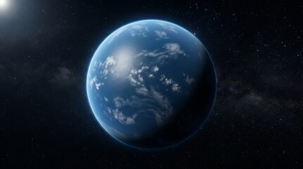Fototapeta premium Earth-like blue planet or exoplanet glowing in deep space with star rays and universe background