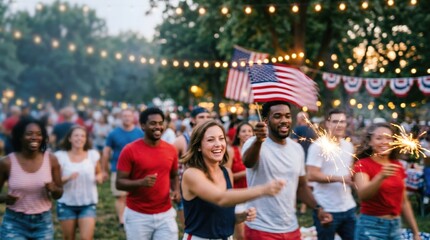 Naklejka premium Diverse Group of Young Adults Celebrating Outdoors with Sparklers and American Flags at a Festive Summer Evening Party