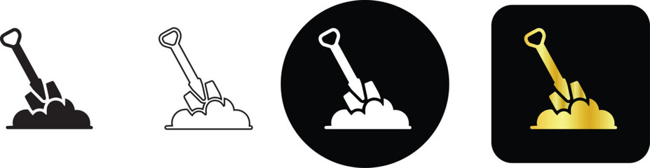 Garden shovel digging in soil icons in line silhouette and gold styles © Nusrat