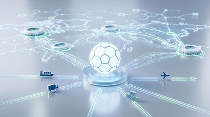 Global sports logistics network concept with soccer ball connected to international shipping routes, cargo transport, supply chain management, and worldwide distribution