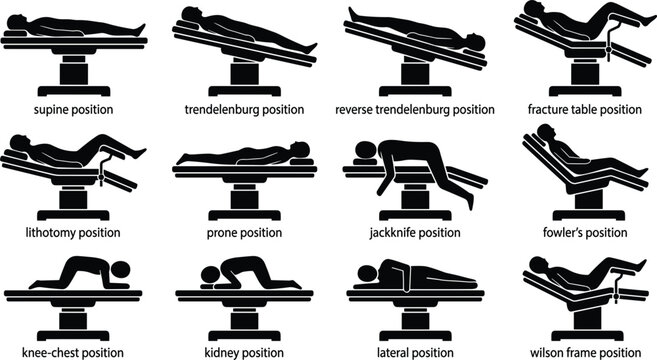 Patient Surgical Positions on Operating Table Icon Set with Supine, Trendelenburg, Lithotomy, Prone, Jackknife, Fowler's, and Knee Chest Medical Symbols Vector