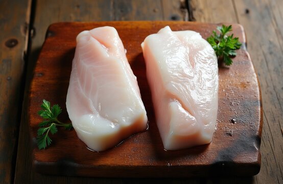 Raw white cod fish steaks sit on rustic wooden cutting board. Fresh seafood fillets ready for cooking with green herbs garnish. Uncooked ocean protein slices prepared for gourmet healthy meal in home
