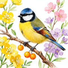 Obraz premium Blue Tit Bird Perched on Branch With Mixed Spring Blossoms