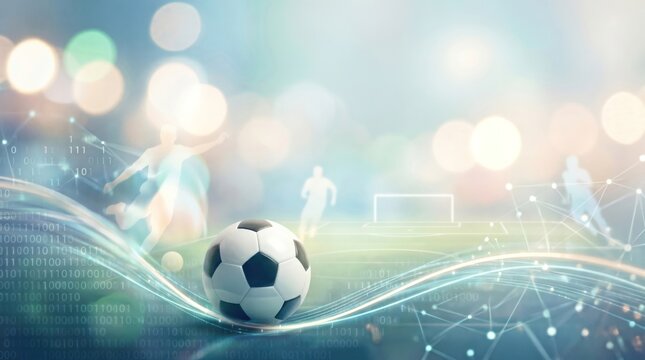 Soccer analytics concept with digital data visualization and binary code overlay on a professional stadium background for sports technology and performance analysis