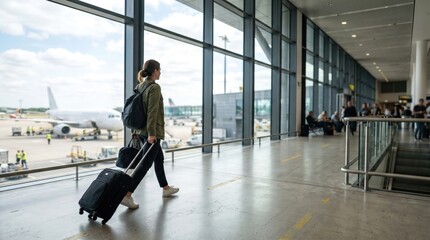 Fototapeta premium Young woman walking through airport terminal with luggage, solo female traveler carrying backpack and suitcase, concept of travel, vacation, business trip, and departure