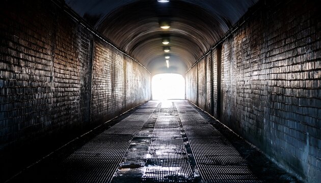 dark tunnel with light at the end seen from the entrance in a city sewer system during early morning hours
